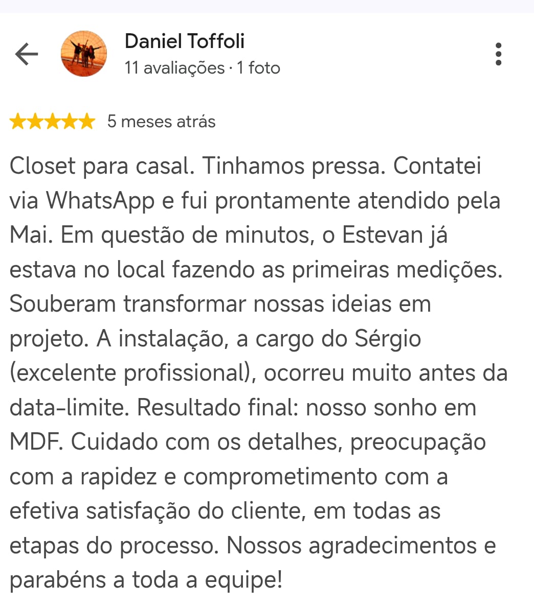 Avaliação de Daniel Toffoli no Google